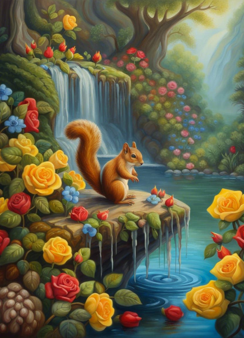 Squirrel in Fantasy Forest: Hyperdetailed Oil Painting
