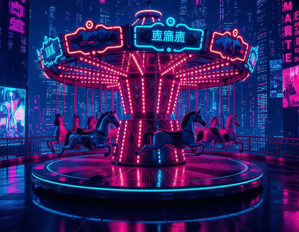 Cyberpunk Carousel Hovering in Neon Cityscape
