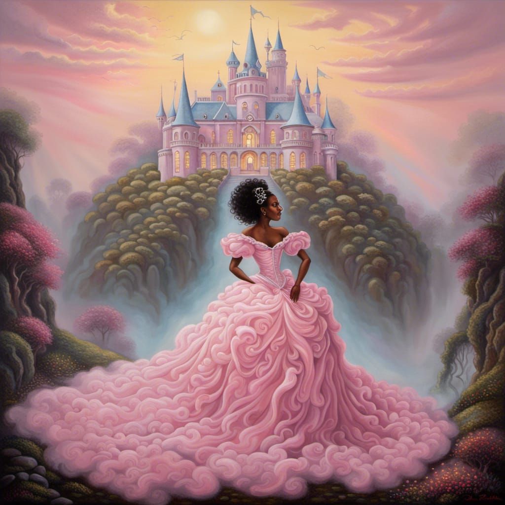 Full Body Ebony Pink Palace Princess ethereal fantasy hyperdetailed mist Thomas Kinkade surrealism Salvador Dali matte b...