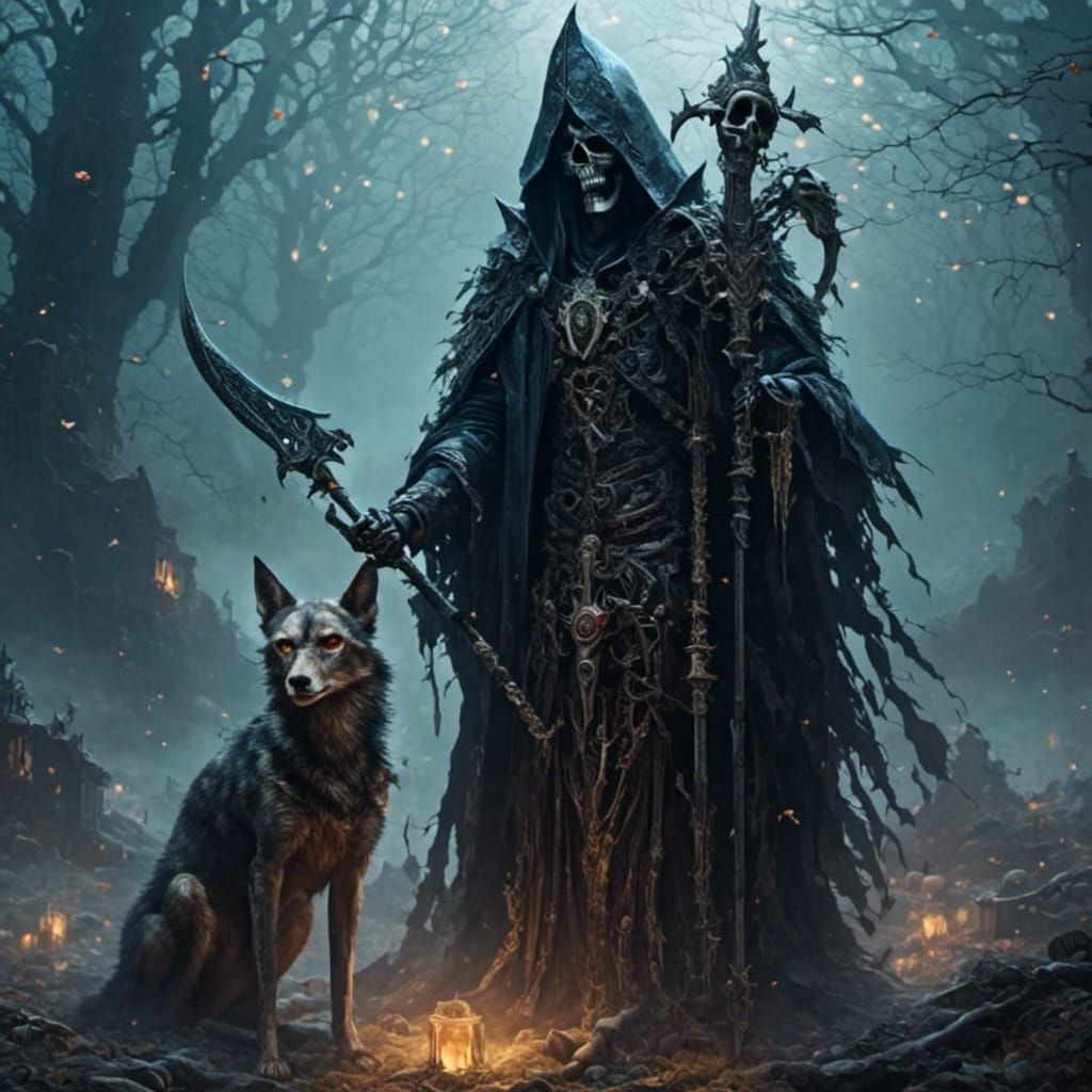 Jackal-Headed Grim Reaper in Misty Graveyard