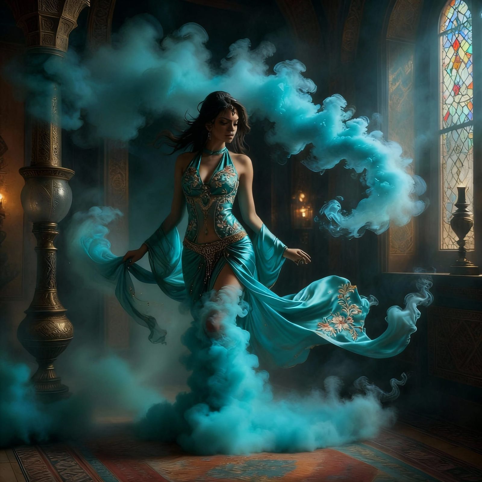 Persian Genie Materializing From Turquoise Smoke