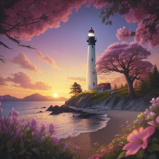 Tree Lighthouse at Sunset: Hyperrealistic Concept Art