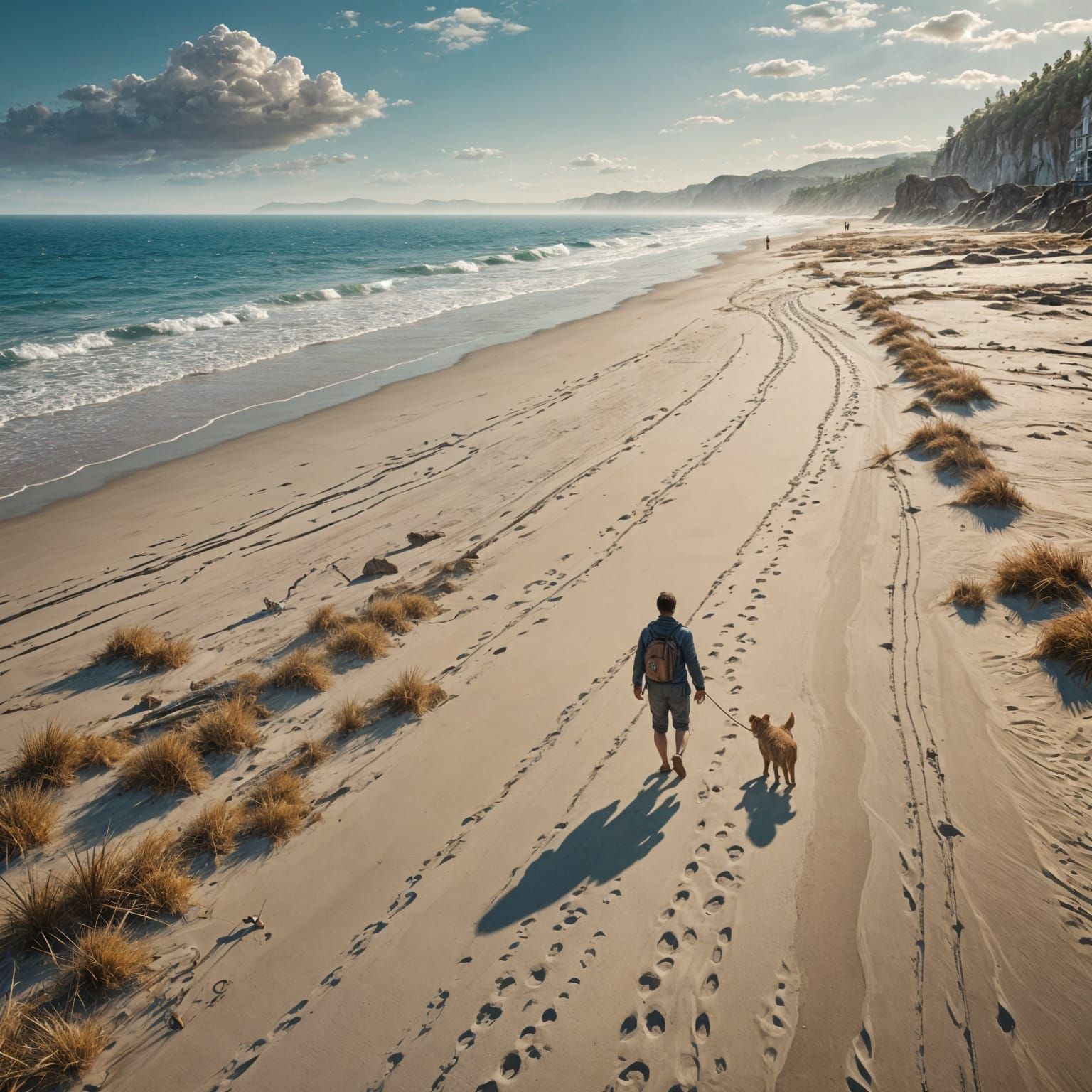Silhouette of Man and Dog on Beach at Sunset