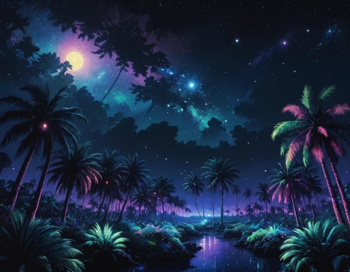 Cosmic Bioluminescent Palm Forest in Anime Style