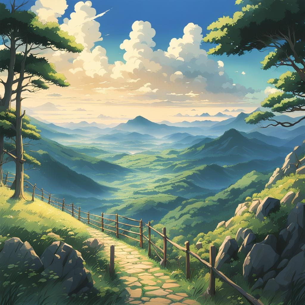 Mountain Scenic View in Studio Ghibli Anime Style