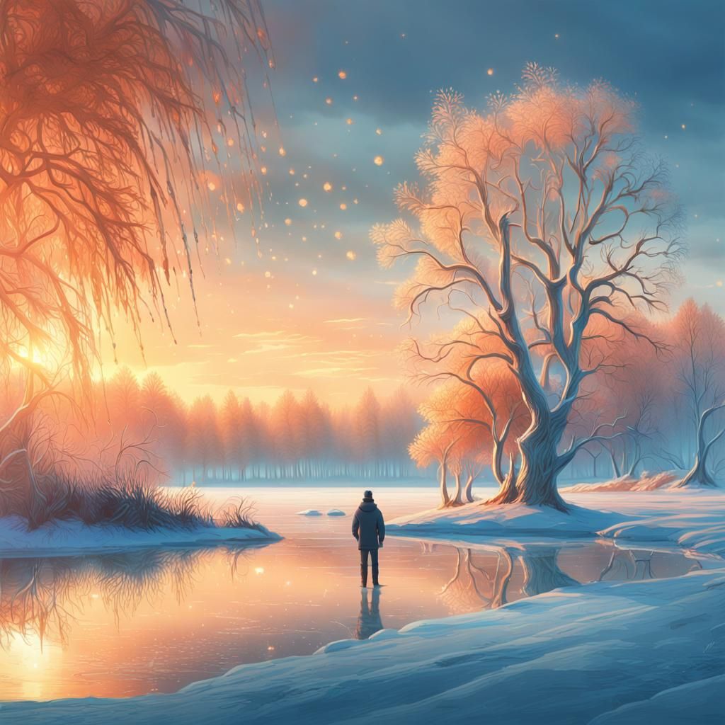 Winter Sunset on Frozen Lake: Digital Matte Painting