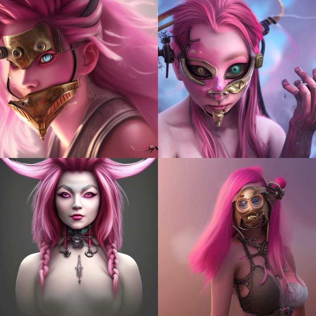 Steampunk Girl with Oni Mask in Detailed Matte Painting