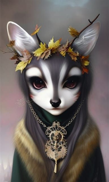 Anime Druid Girl with Deer in Surreal Style