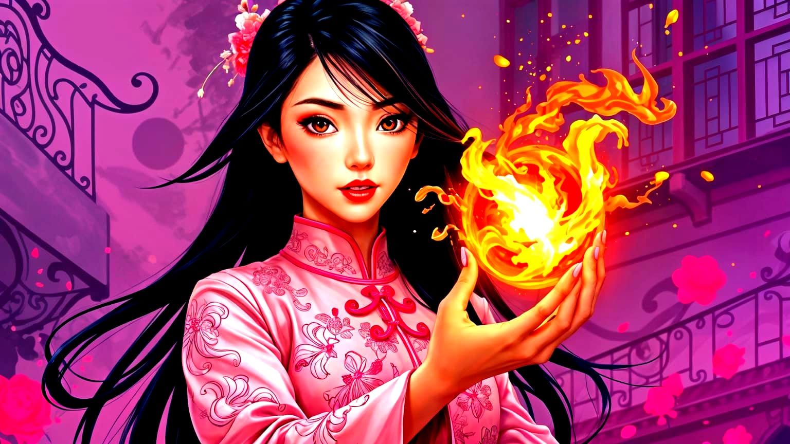 Chinese Woman Holding Fireball: Manga-Inspired Art