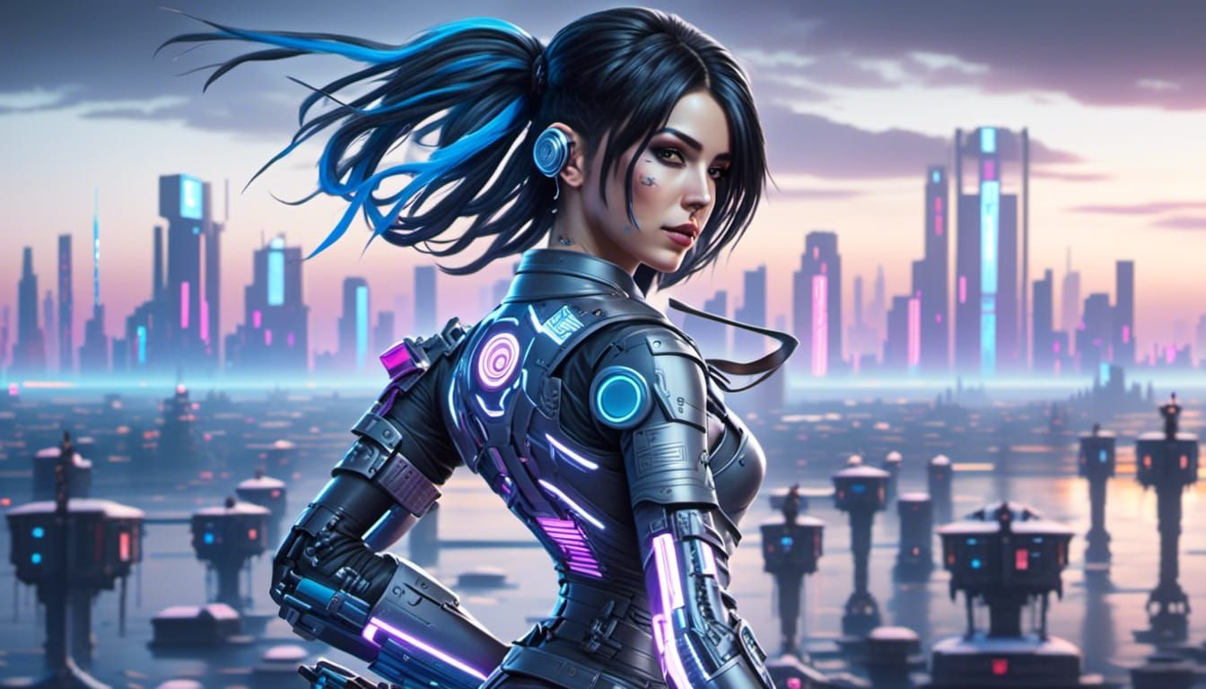 <lora:CyberpunkTron:1.0> Cute female cyberpunk ronin