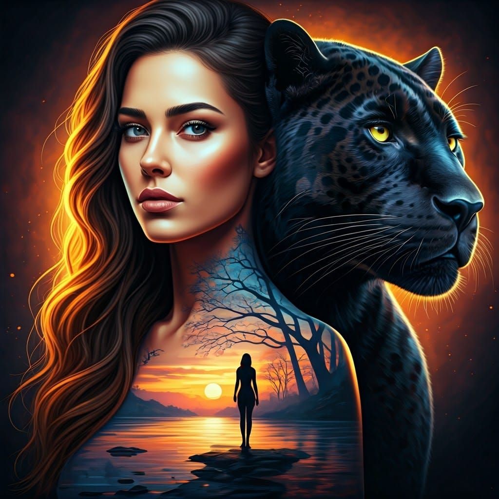 Woman and Jaguar Portrait in Digital Art Style