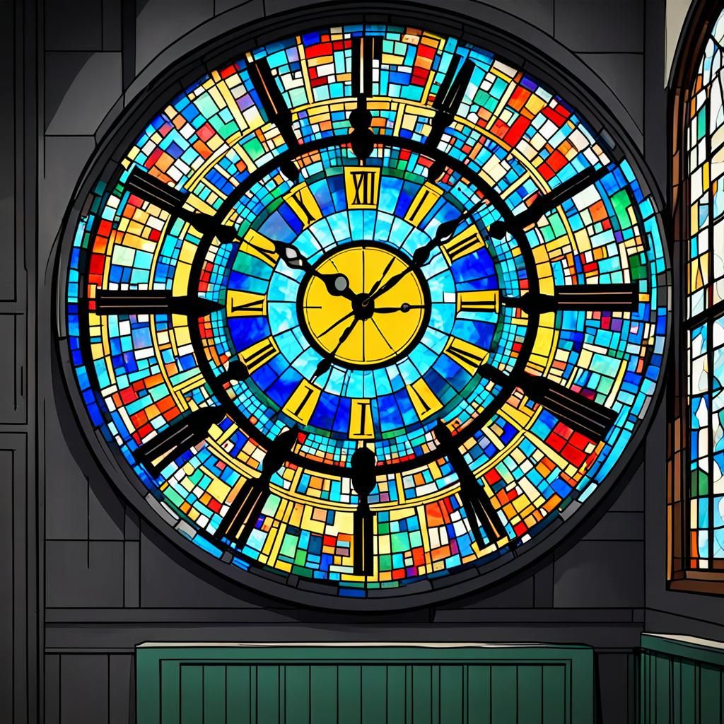 Hypermodern Clock in Old Room with Stained Glass