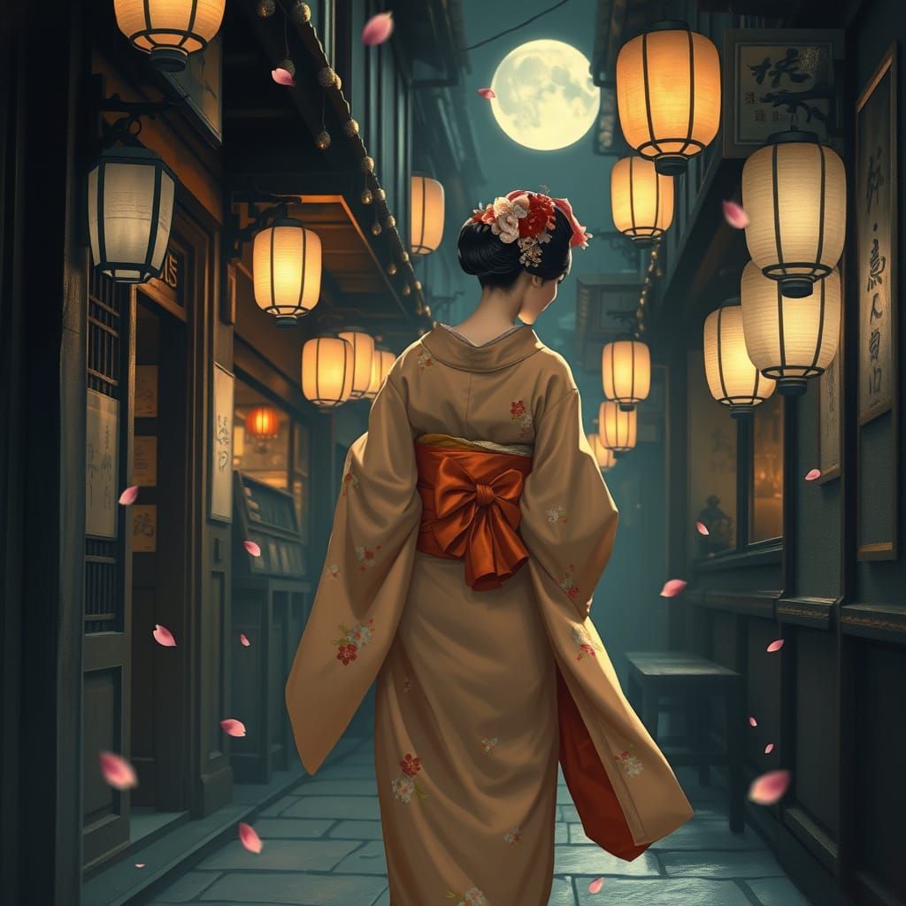 Ethereal Geisha in Moonlit Alley, Painterly Style