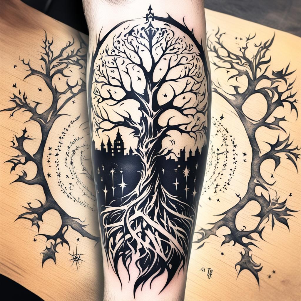 Gondor White Tree Tattoo in Anime Style