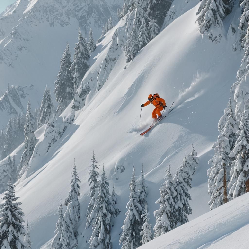 Orange Skier on Montblanc in Fantasy Landscape