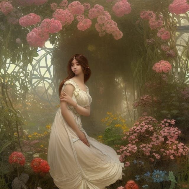 Woman in Greenhouse: Art Nouveau Style