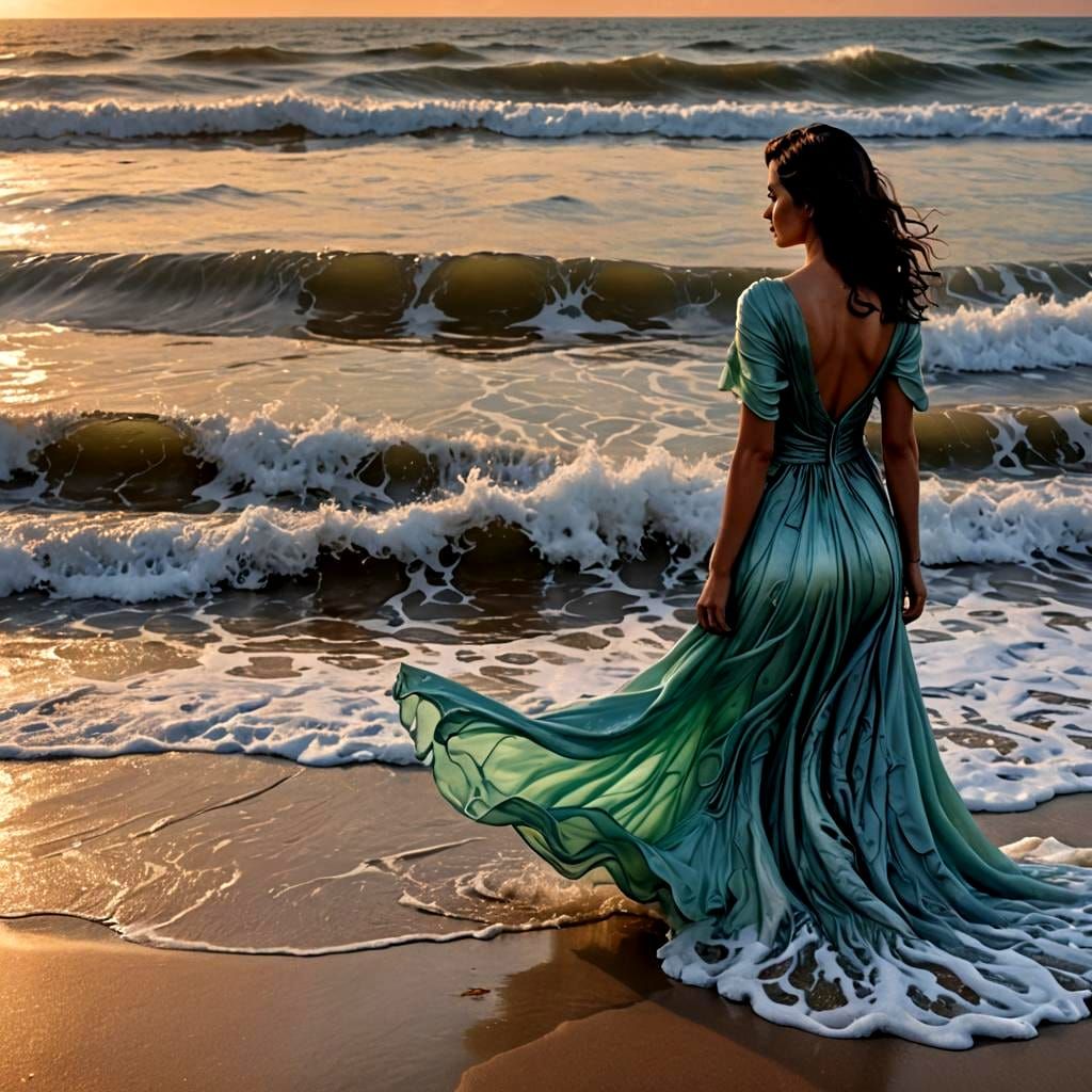 Sunset Seafoam Waves Form a Lady on the Beach