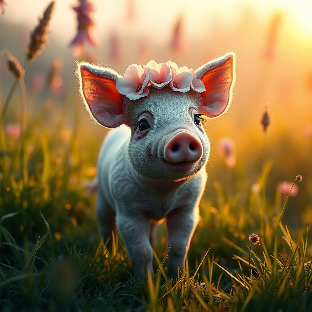 Piglet with Flower Crown in Meadow