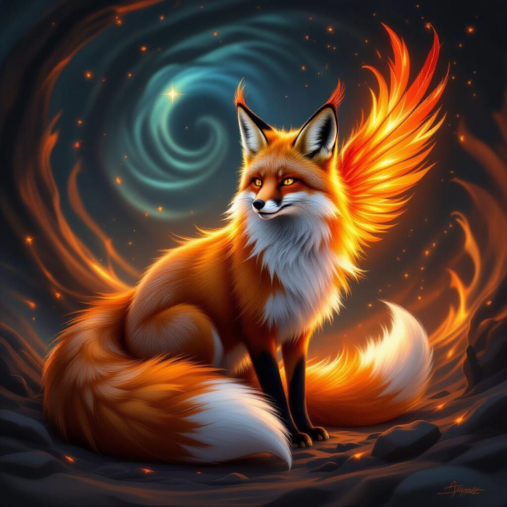 Fox Phoenix Hybrid Creature with Fiery Plumage