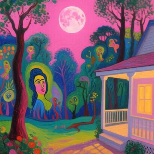 Pink Moon Over Forest: Frida Kahlo and Chagall Inspired