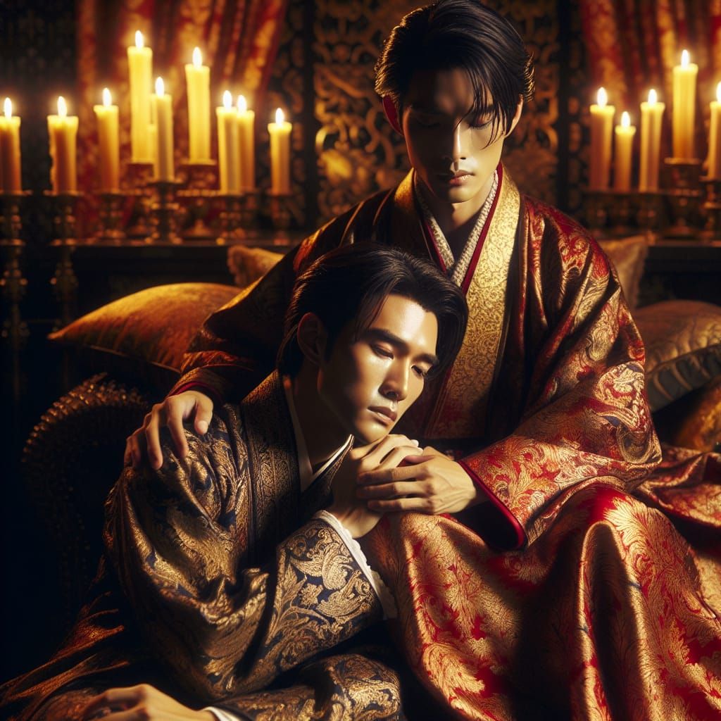 Intimate Asian Couple in Opulent, Candlelit Setting