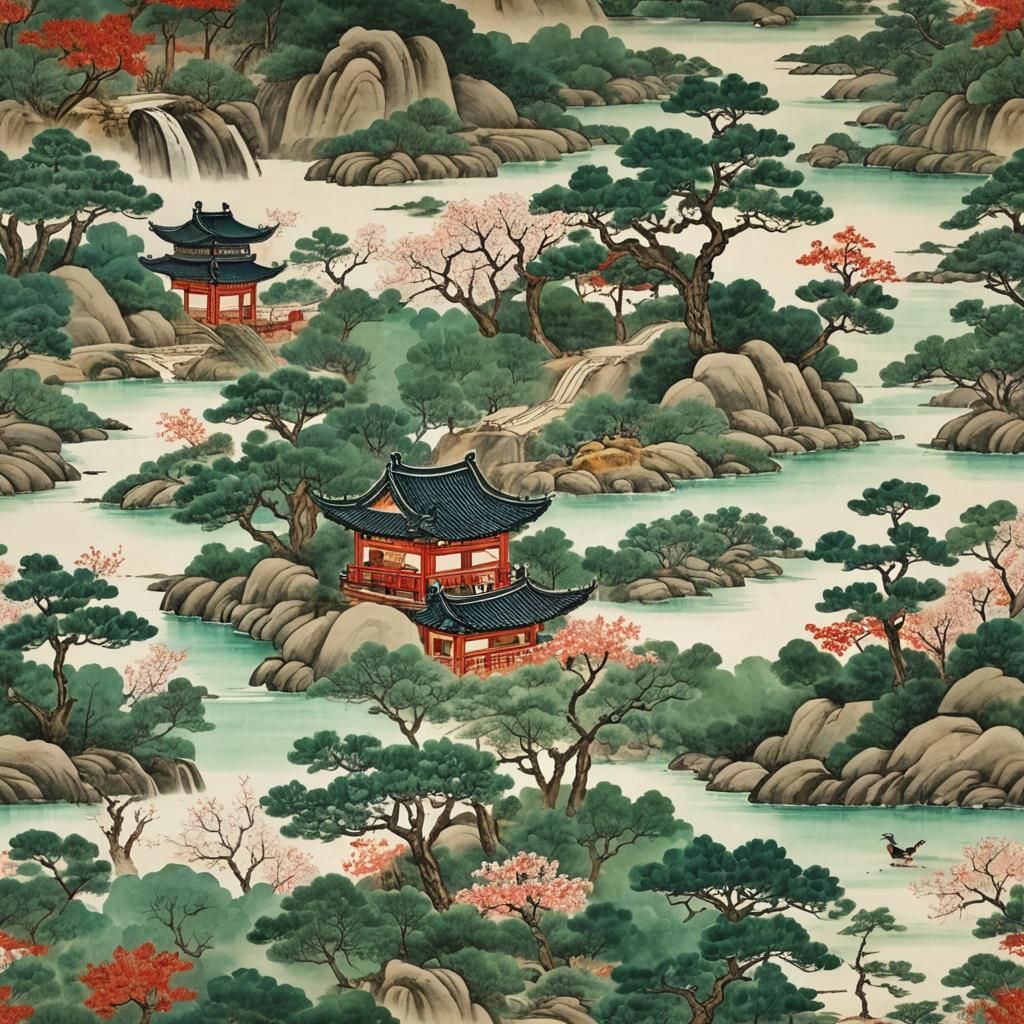 Oriental Watercolor Painting in Korean Folk Style