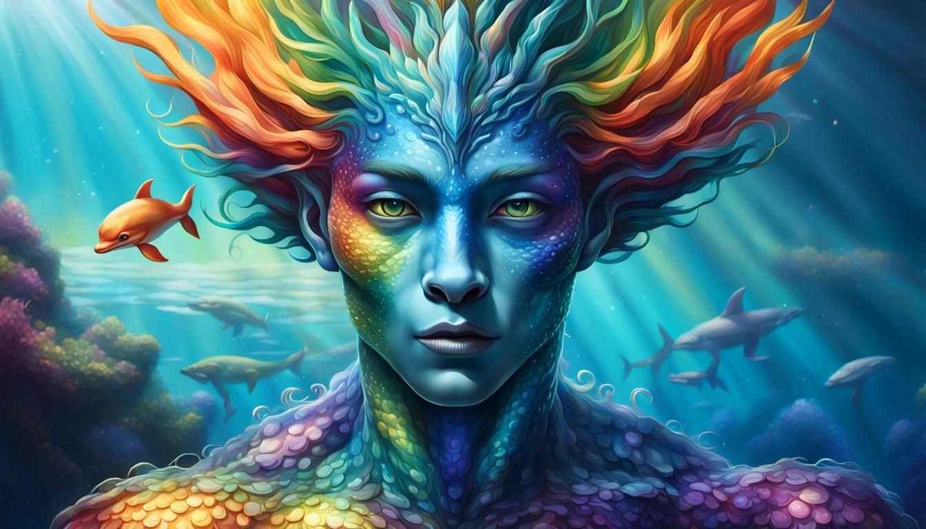 Iridescent Half-Human Creature in Dappled Sunlight