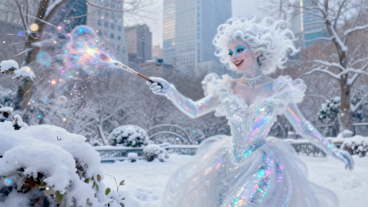 Frost Lady Painting City Garden in Iridescent Impressionism