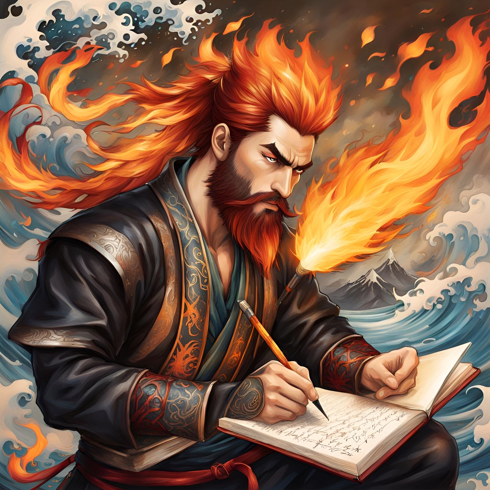 Quantum-punk Fire Elemental in Japanese Art Style