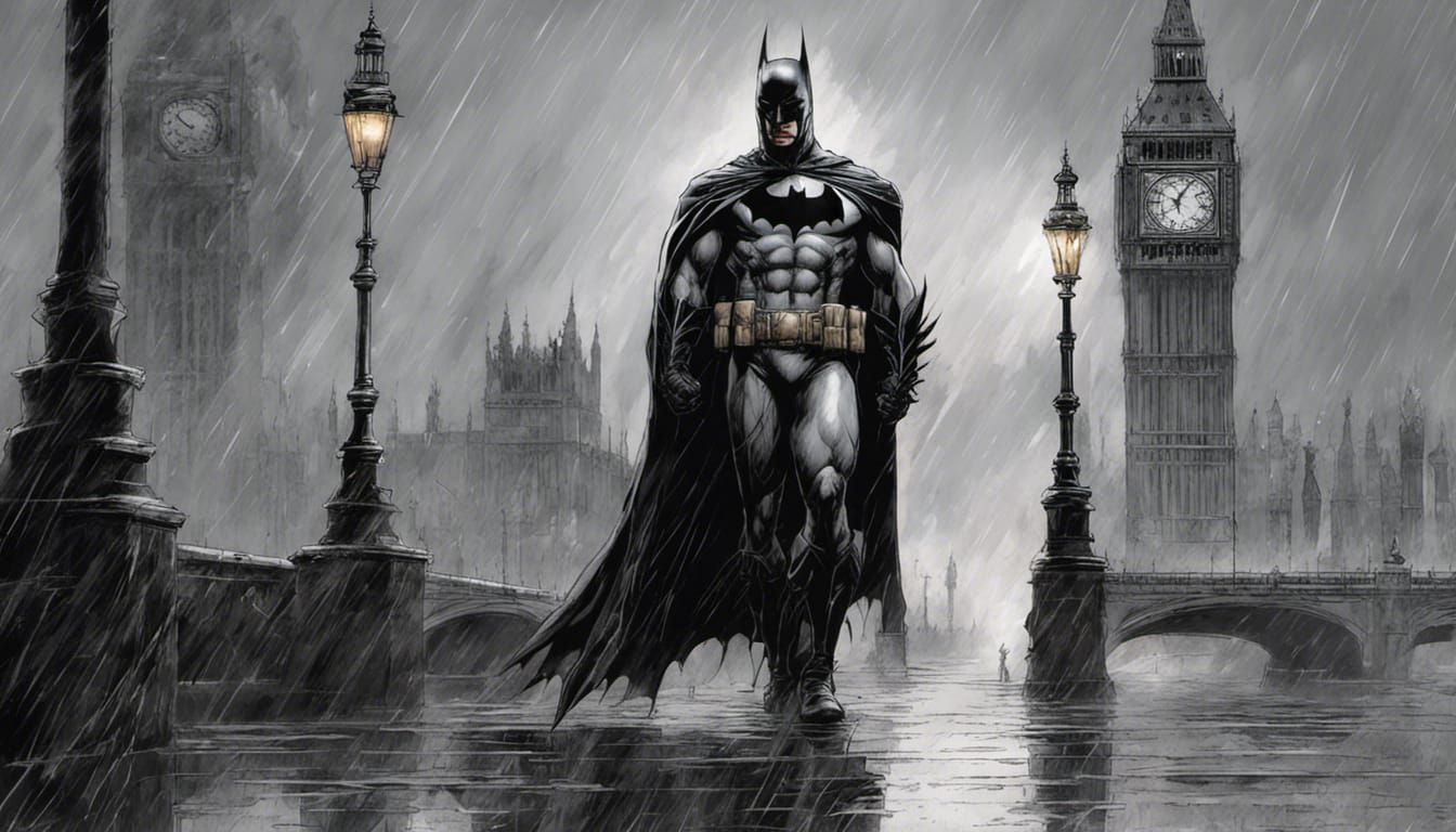 Batman Walks London in Fog, Comic Book Style