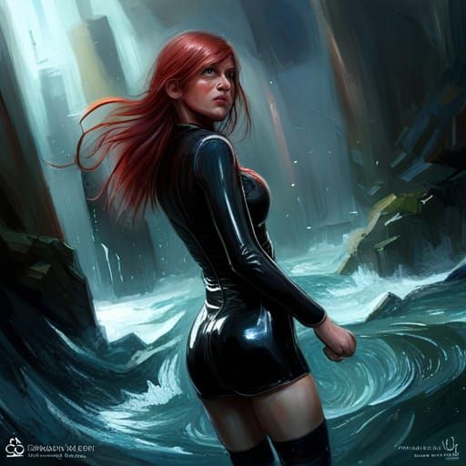 Rain-Soaked Woman in Latex: Hyperdetailed Fantasy Art