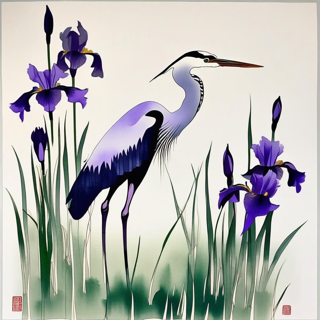 Minimalist Heron Among Irises in Ink Painting
