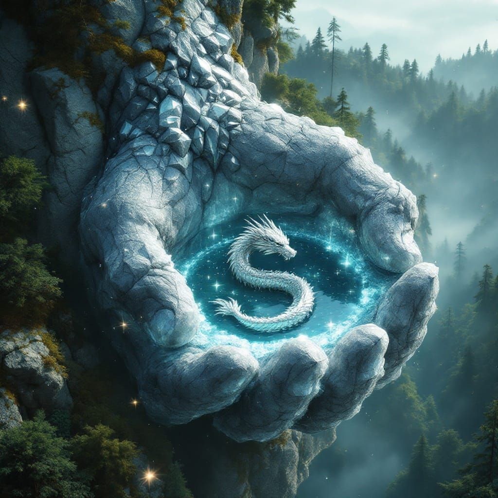 Crystal Hand Towers Above an Enchanted Forest