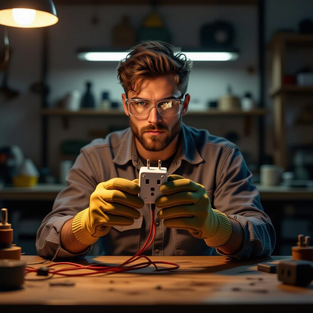 Person with Plug in a Realistic Workshop Scene