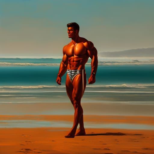 Muscular Man Suntanning at Beach in Gothic Art Style