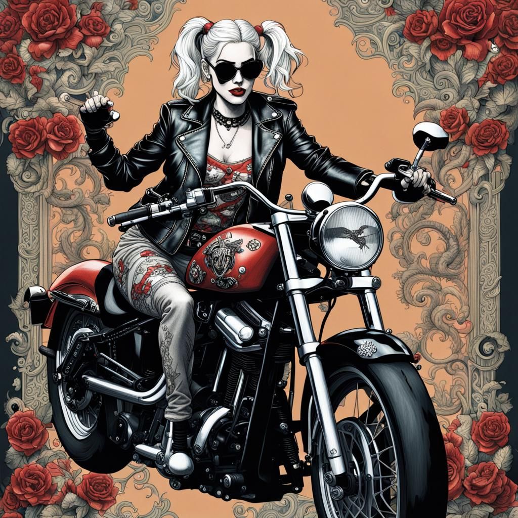 Harley Quinn on Motorcycle: Rococo-Inspired Hyperdetailed Ph...