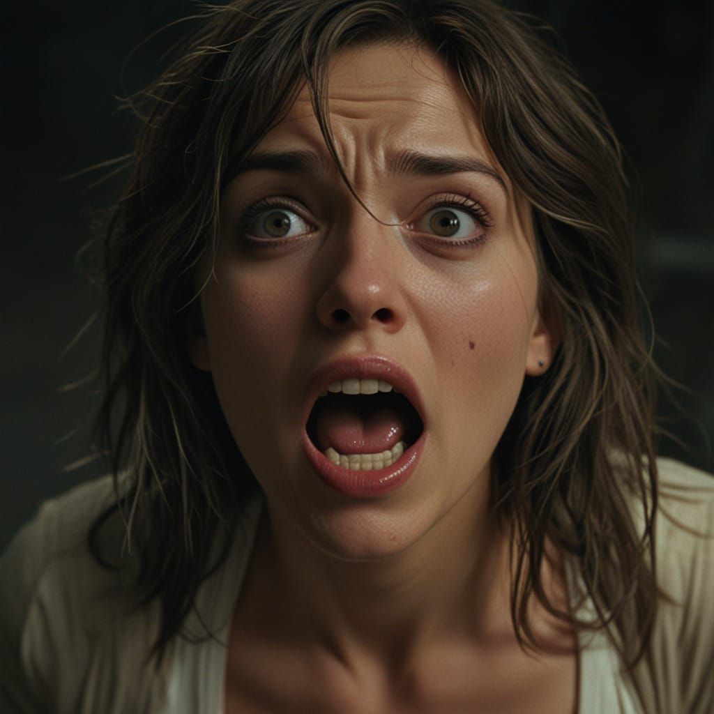 Scared Woman Stares Overhead in Cyberpunk Art Style