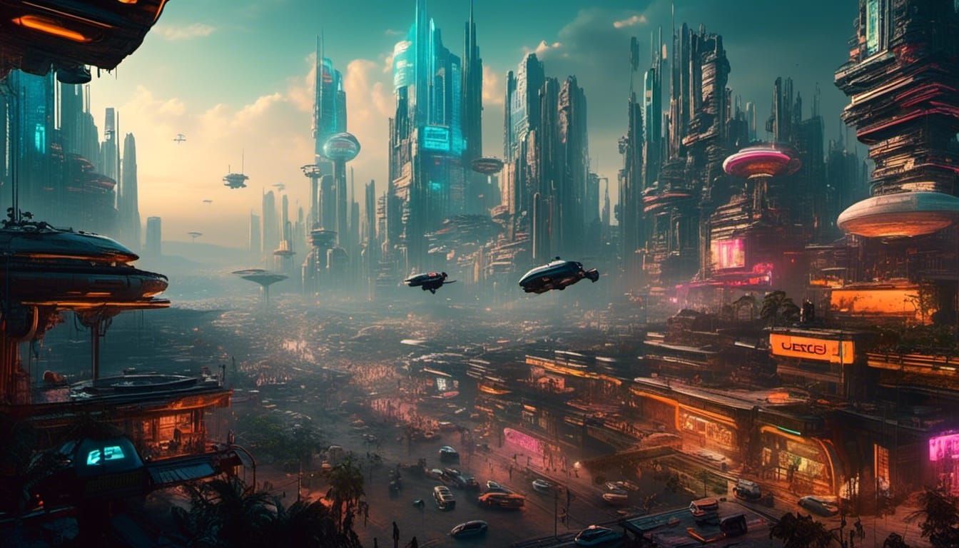 Utopic Future Cityscape with Flying Vehicles in Cyberpunk St...