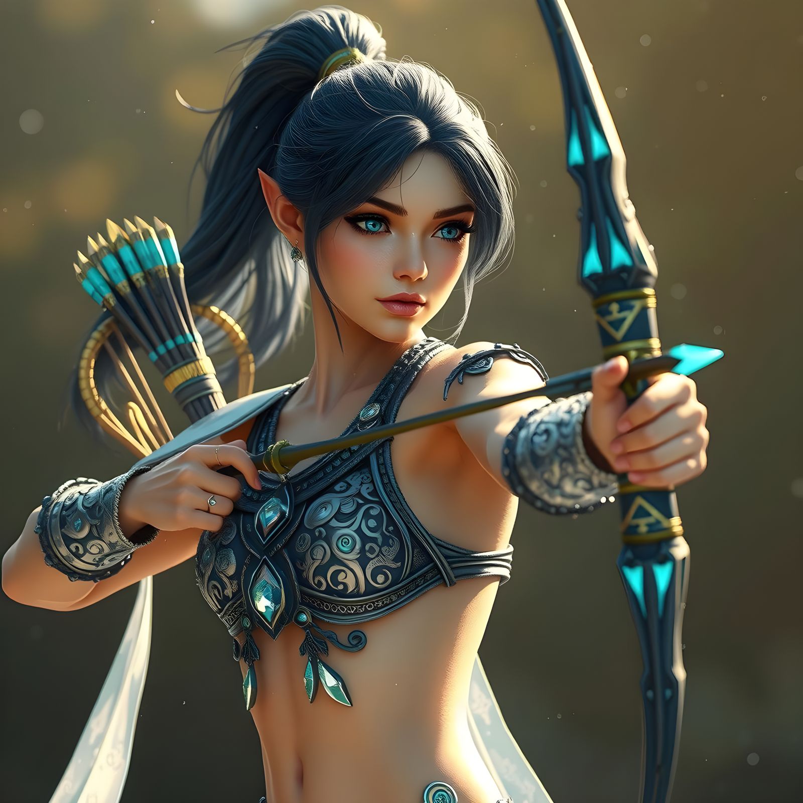 Elven Archer with Glowing Bow in Hyperdetailed Style
