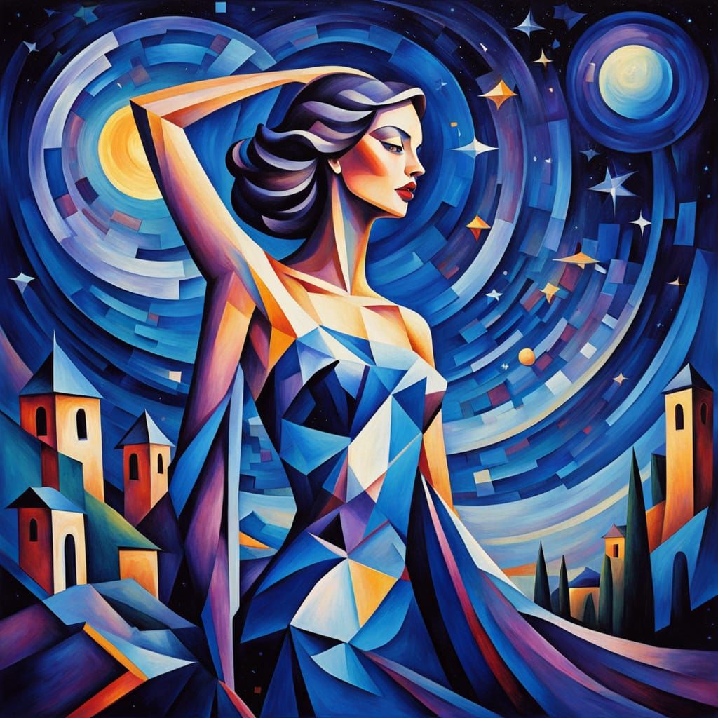 Ethereal Cubist Lady in Iridescent Galaxy Hues