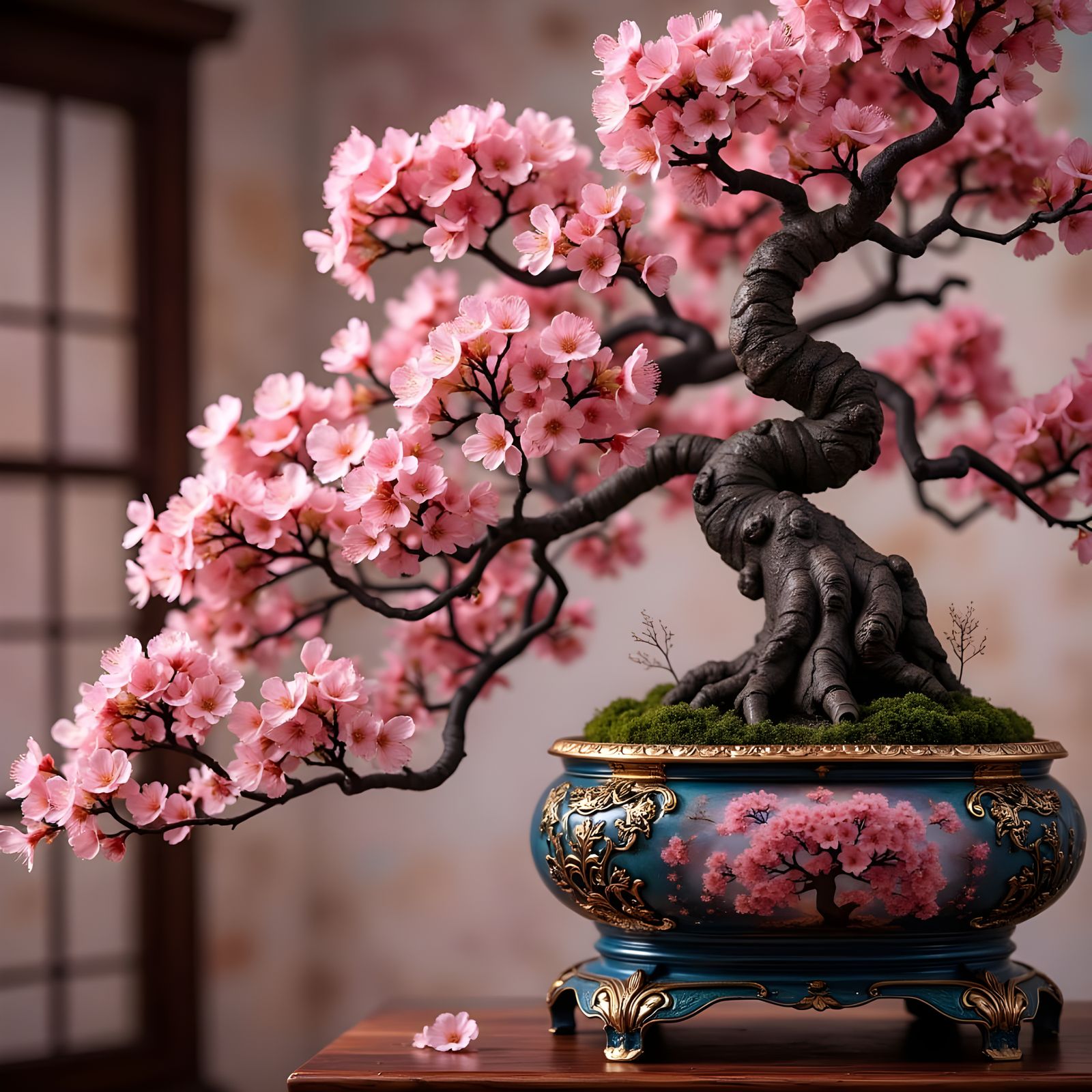 Ethereal Cherry Blossom Bonsai in Ornate Filigree Pot