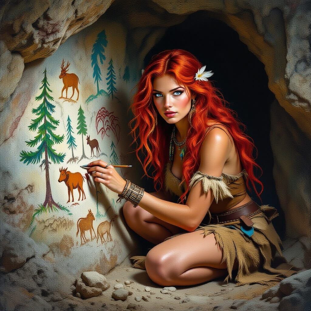 Cave Woman Creating Drawings in Detailed Matte Painting Styl...