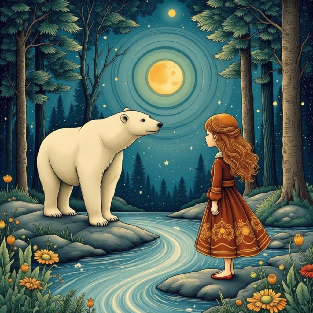 Polar Bear and Girl Under Golden Moon in Magical Forest