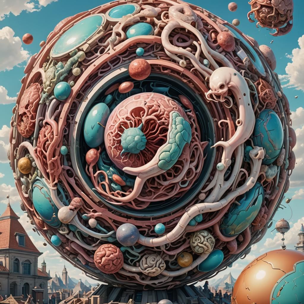 Surreal Dissection: Cats Organs Around Sphere in Vintage Ani...