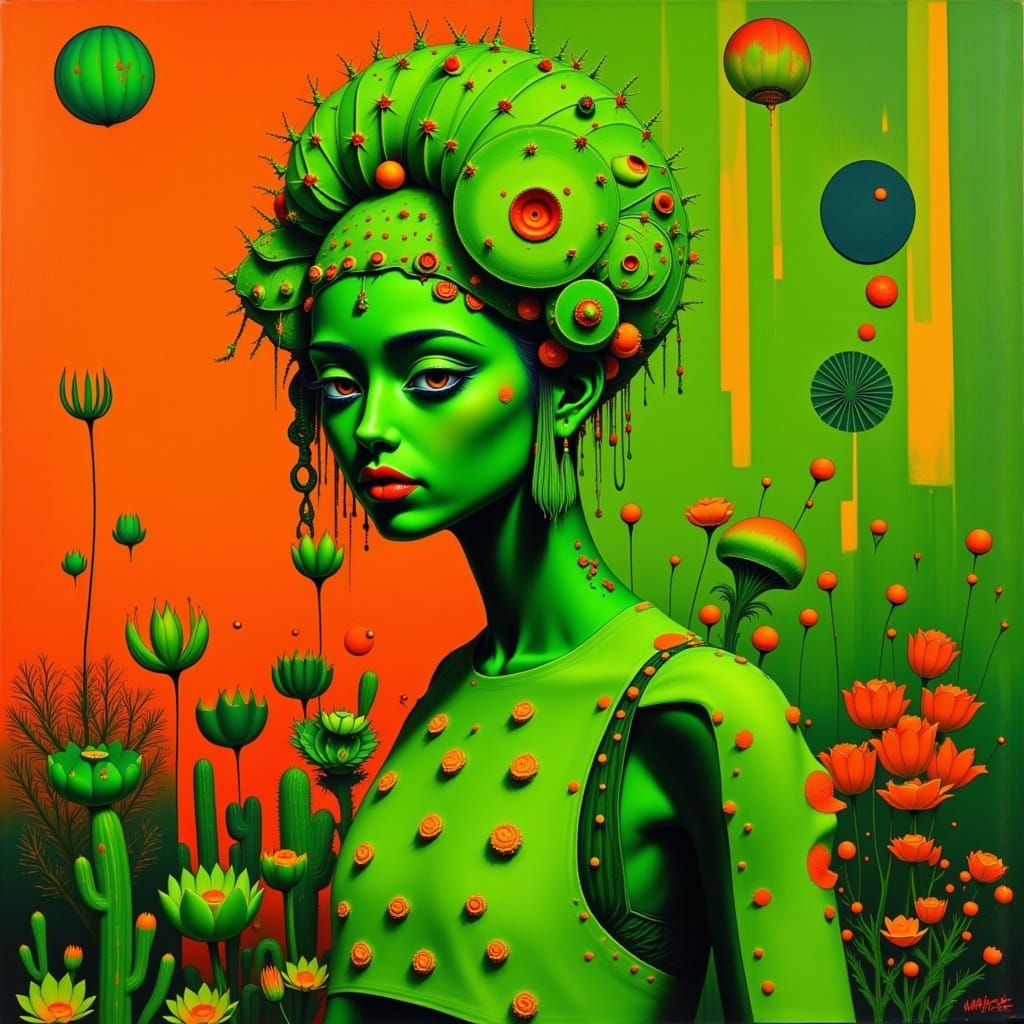 Neon Geisha Cactus Person in Green and Orange