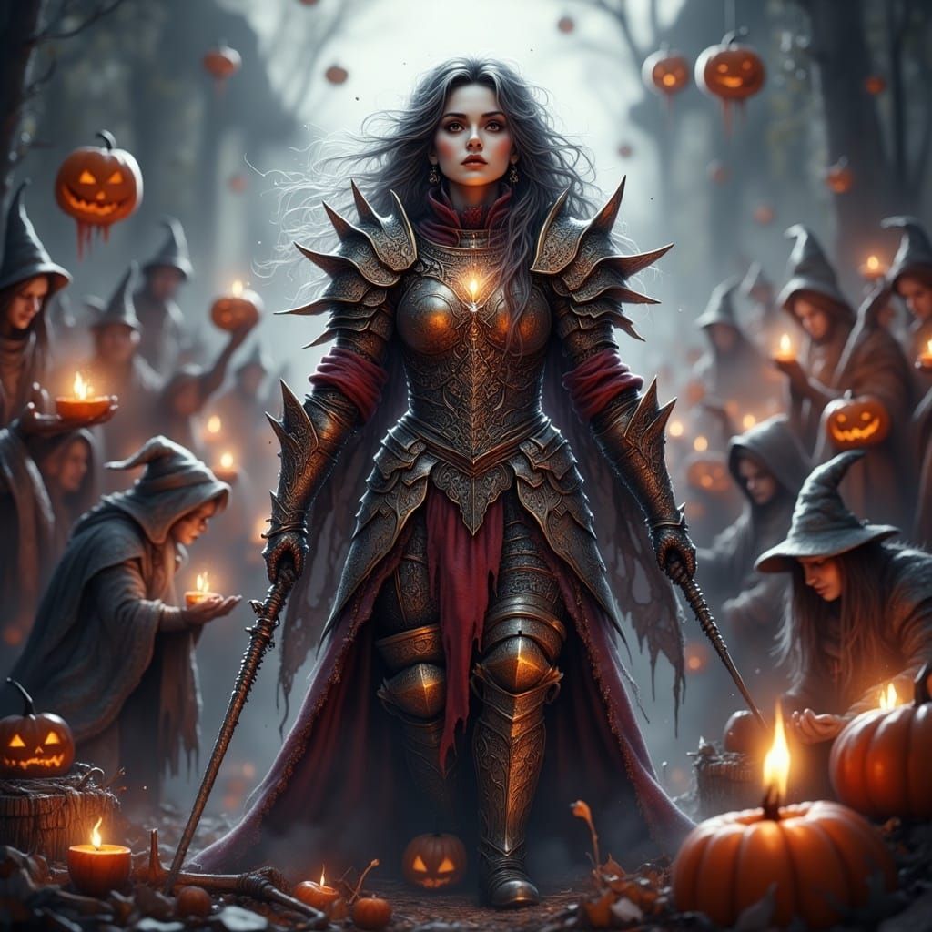Warrior Daughter Over Halloween Witches in 3D Cinematic Styl...