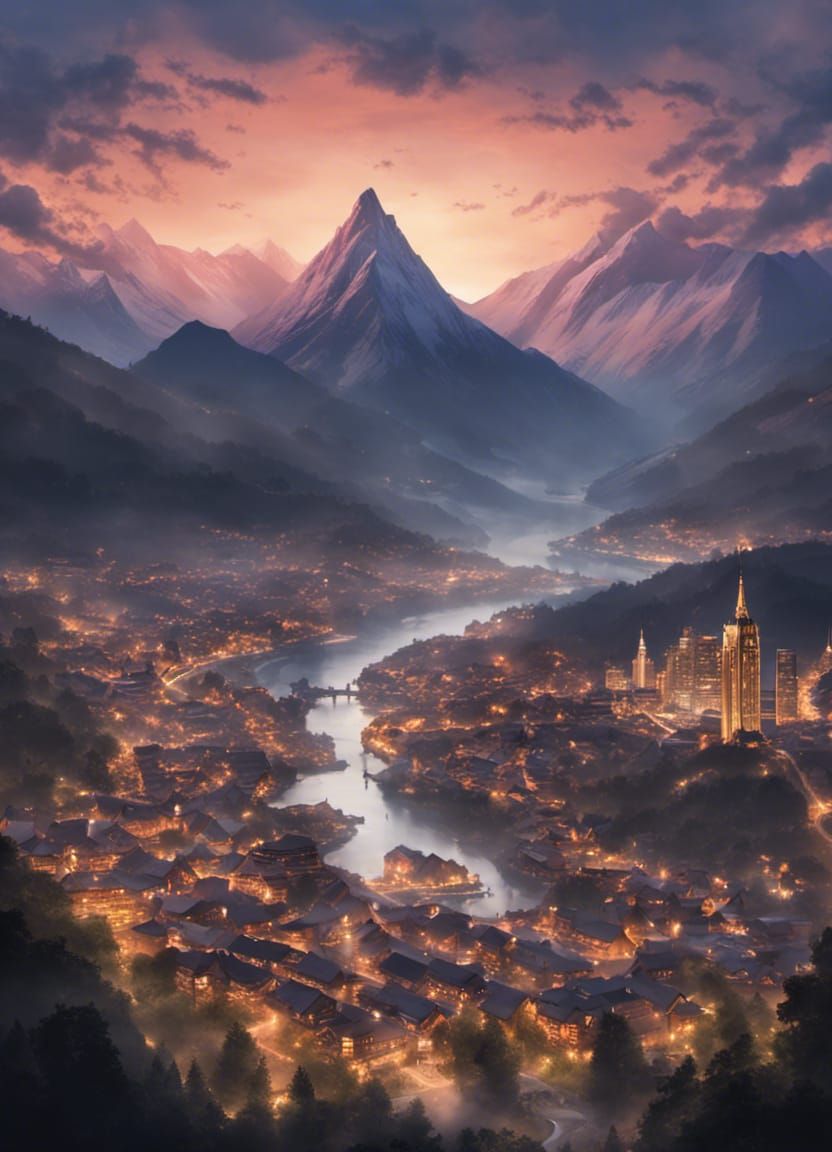 Night Scene of City by River and Mountains