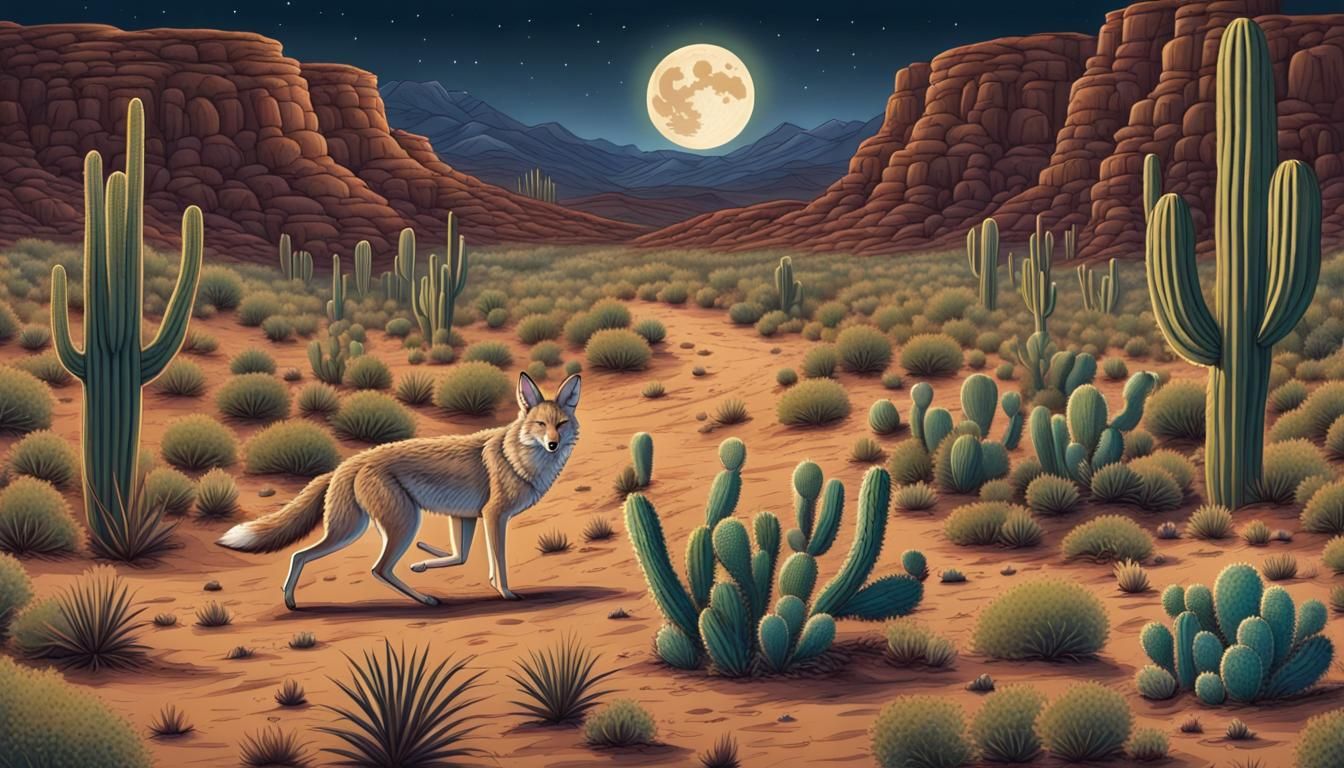 Coyote Hunt Under Moonlight in Desert Valley