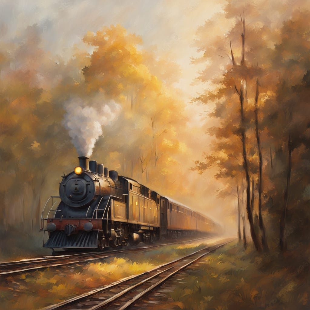 Train in a Misty Forest, Impressionist Style