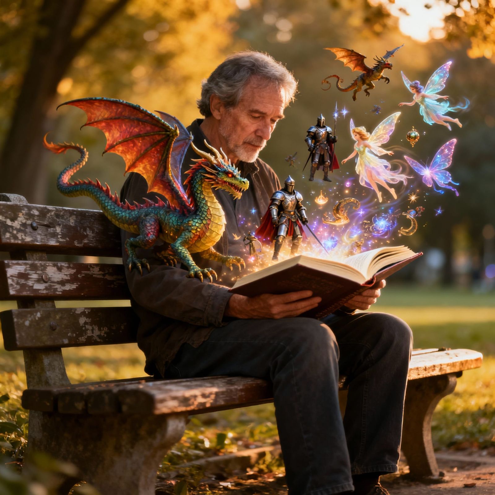 Man Reading Book With Fantasy Creatures Erupting From Pages